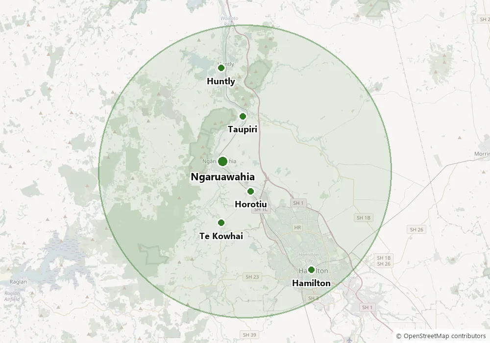 Map of the MowBro Lawns service area across the Waikato, covering Ngaruawahia, Huntly, Taupiri, Horotiu, Te Kowhai and Hamilton