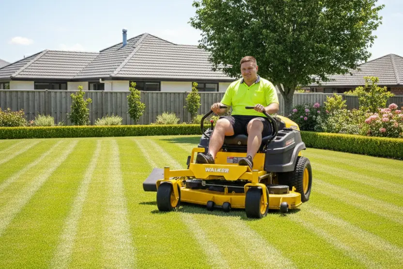 Ride-on mower cutting a large domestic back lawn